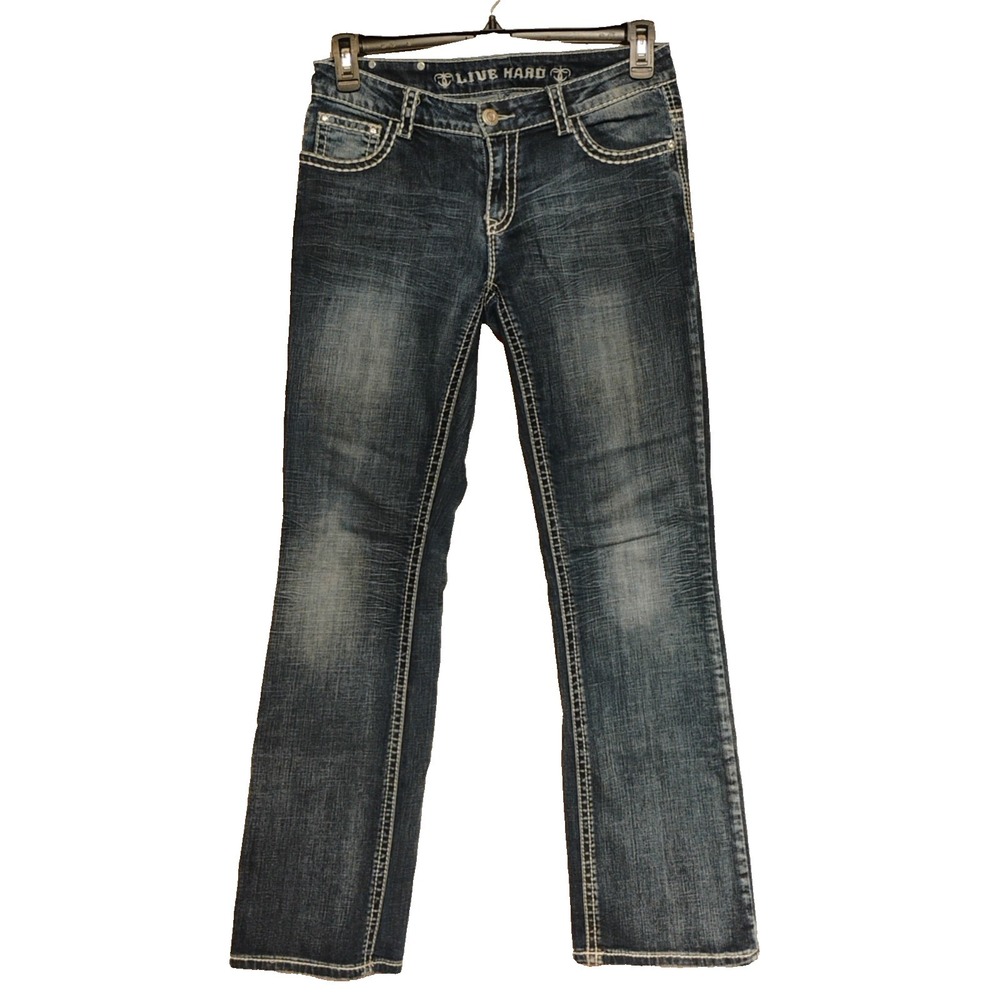 Live Hard Women's size 29 (31)‎ x 31 Boot Cut Thick Stitch Dark Wash Blue Jeans
